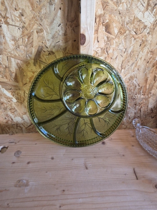 Indiana Glass Other - Vintage Indiana Glass Olive Green Deviled Egg Relish Tray Plate MCM Tree Of Life